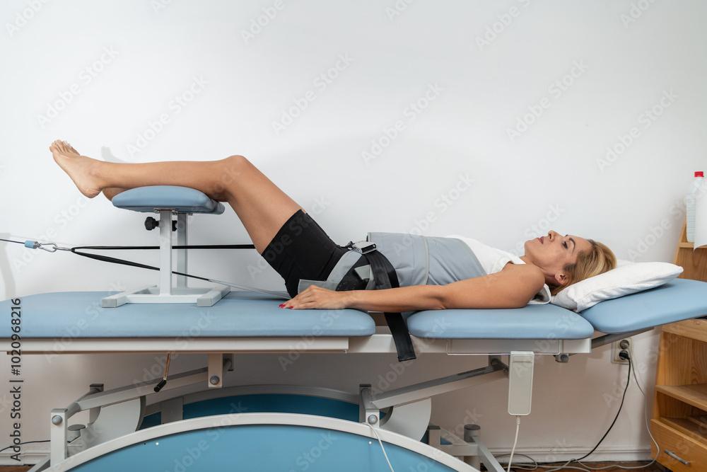 A woman lies supine on a motorized decompression table with her hips secured by a harness and her lower legs elevated on a padded support, receiving lumbar traction therapy in a clinical setting.