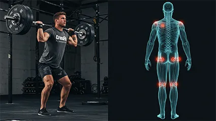 CrossFit athlete performing a barbell back squat beside a graphic showing red markers on shoulders, lower back, hips, knees, and ankles—illustrating common injury sites.
