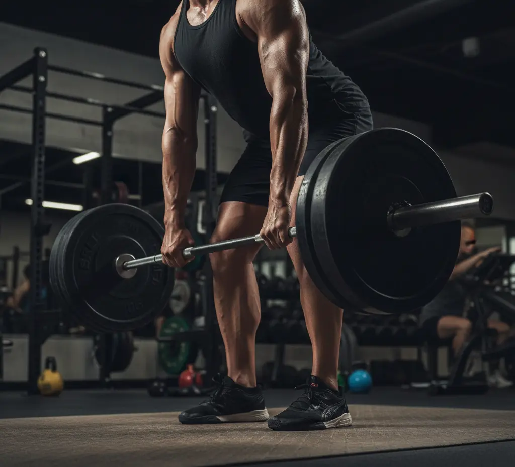Close-up of a person performing a deadlift with a barbell in a gym, highlighting strength training techniques and proper form for injury prevention.