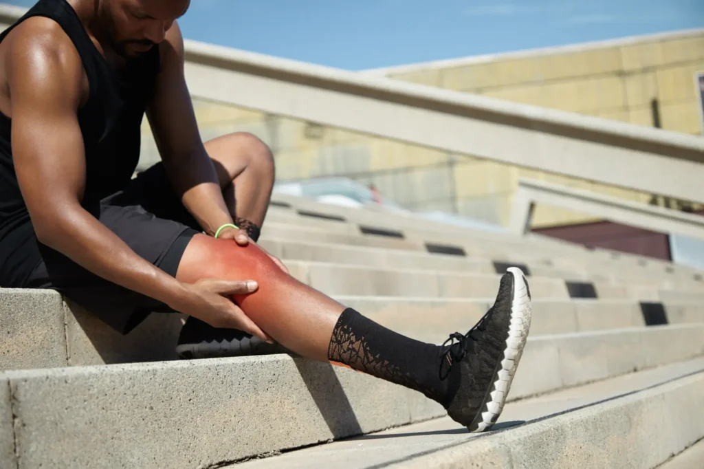 Man holding sore leg on stairs, potential injury for chiropractic or physical therapy in Manhattan, NYC
