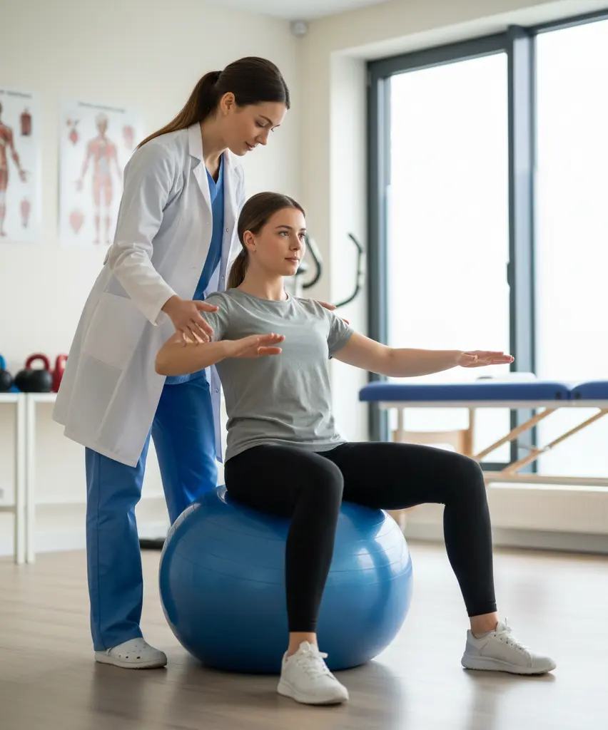 Physical therapist assisting a woman with core strengthening exercises using an exercise ball during physical therapy