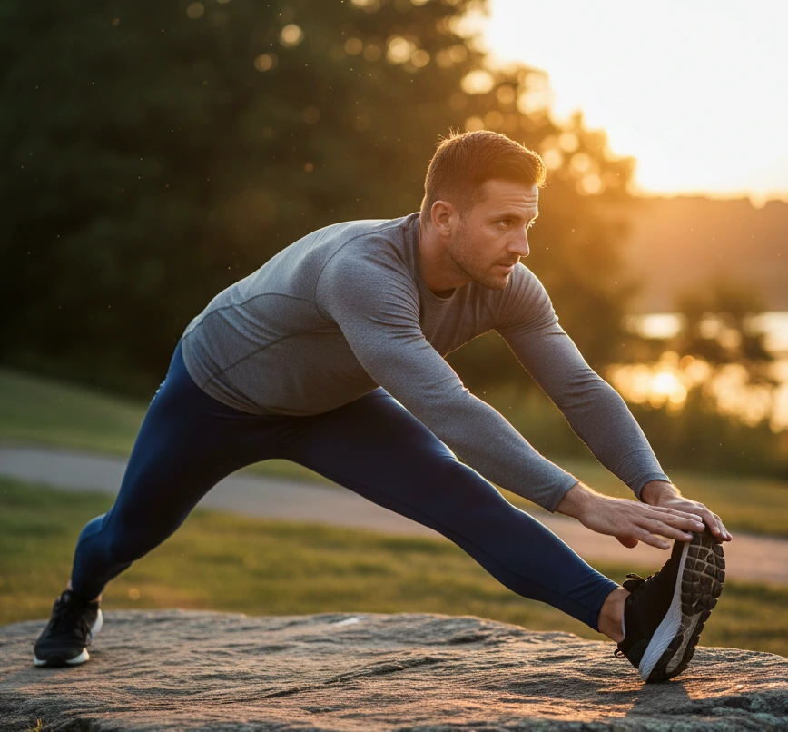 Man stretching outdoors after a workout to improve flexibility in back and core muscles, supporting spinal health and recovery