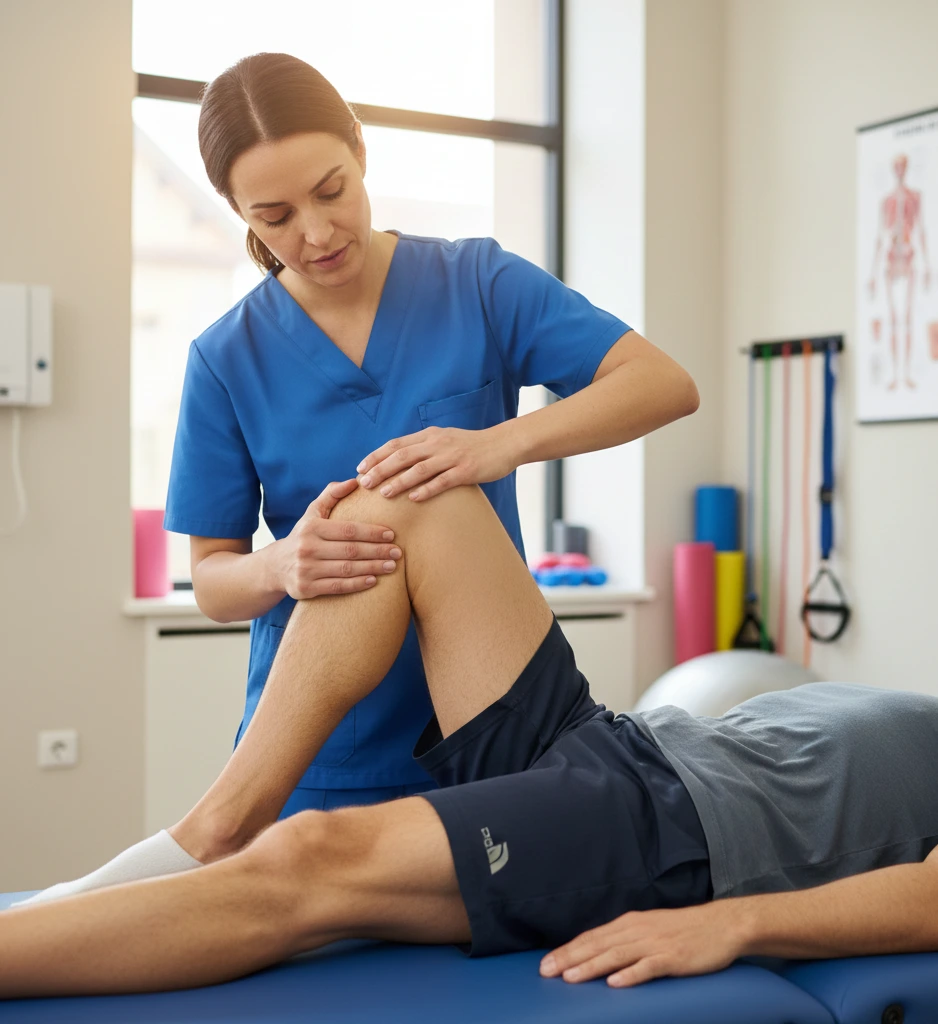 Physical therapist performing manual therapy on patient's knee during rehabilitation session