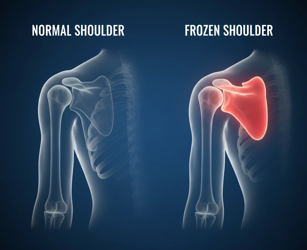Diagram comparing a normal shoulder and a frozen shoulder, highlighting the shoulder blade, upper arm, joint capsule, and collar bone. The frozen shoulder section shows thickened and inflamed joint capsule, restricting movement.