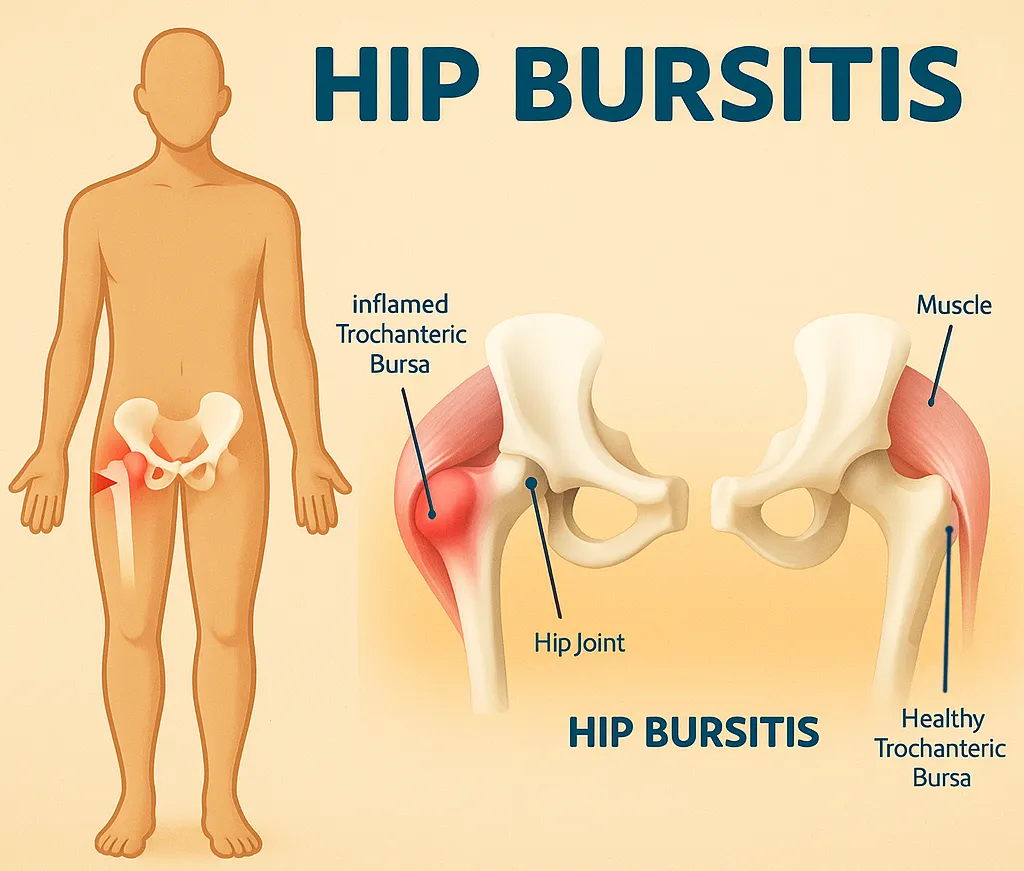 Illustration of hip bursitis showing inflamed trochanteric bursa in the hip joint. Includes a human figure indicating hip pain and a comparison between a healthy and inflamed bursa