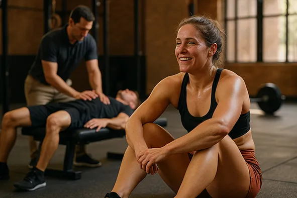 Smiling CrossFit athlete resting while a chiropractor treats a teammate on a bench—highlighting recovery, alignment, and injury prevention.