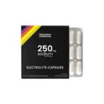 Precision Hydration Electrolyte Capsules box labeled 250 mg sodium per capsule, shown with a blister pack of white capsules beside it.