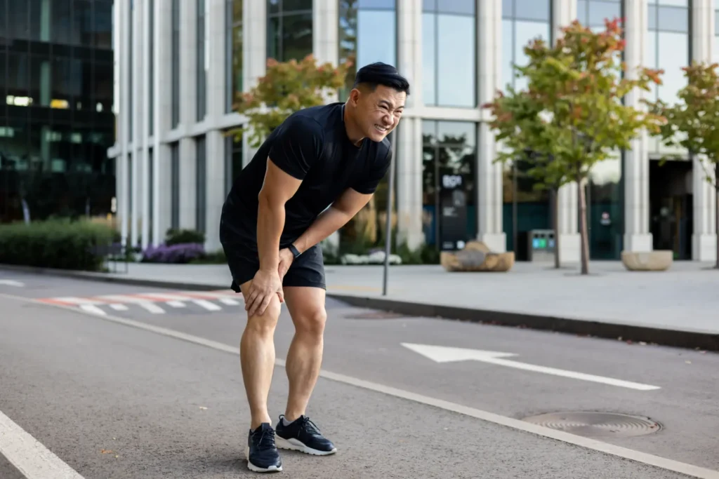 Man in pain holding knee outdoors, seeking chiropractic and physical therapy care in Manhattan, NYC