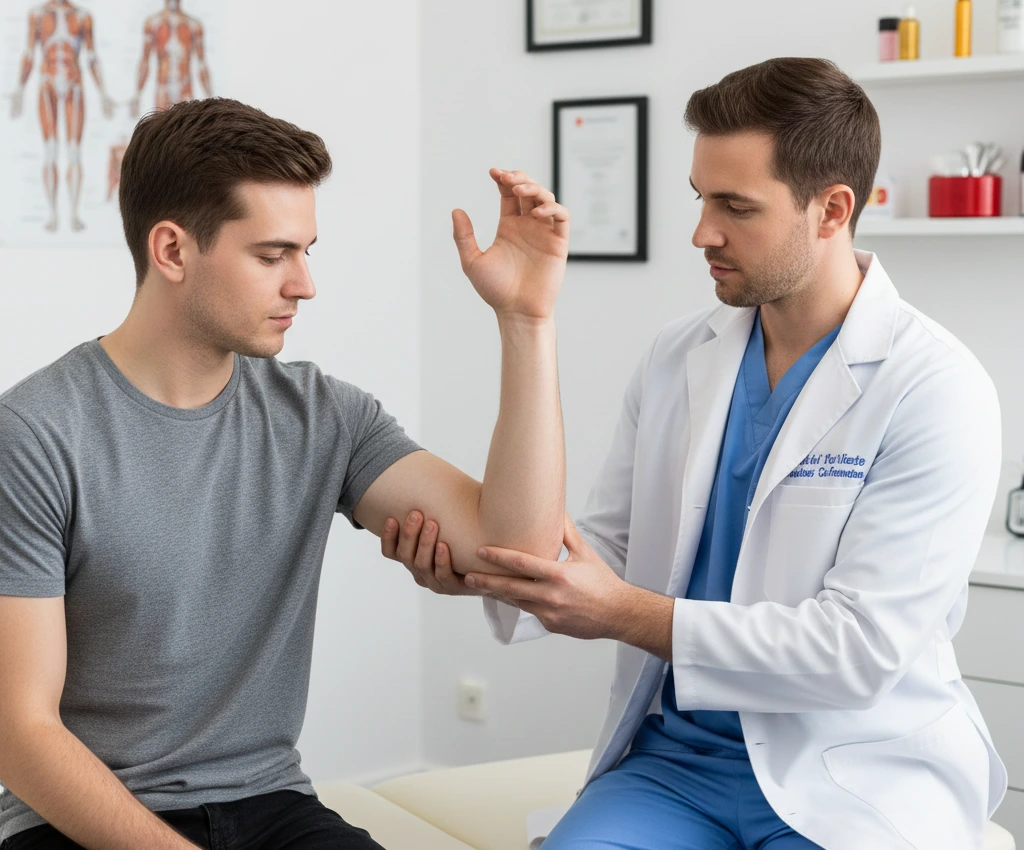 Chiropractor examining a patient’s elbow to assess joint health, range of motion, and recommend treatment options