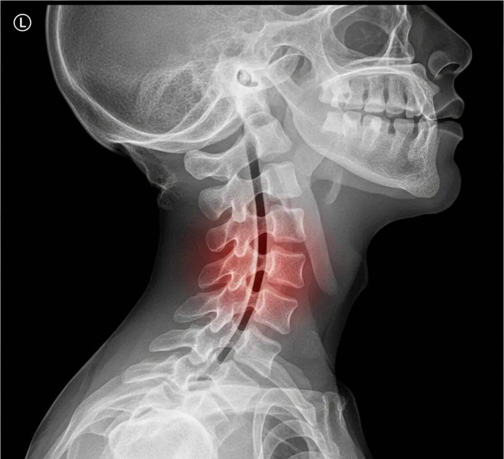 X-ray image of cervical spine showing signs of spinal stenosis, highlighting narrowed spaces between vertebrae.