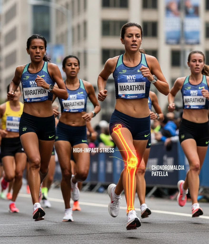 Elite female marathon runners competing in the NYC Marathon 2024, demonstrating high-impact knee stress that can lead to chondromalacia patella 