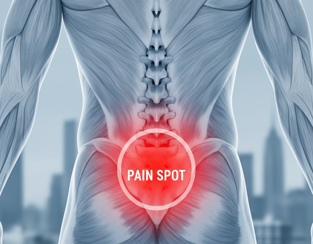Pain spot in the lower back, representing the need for effective pain relief treatment such as physical therapy or chiropractic care in NYC