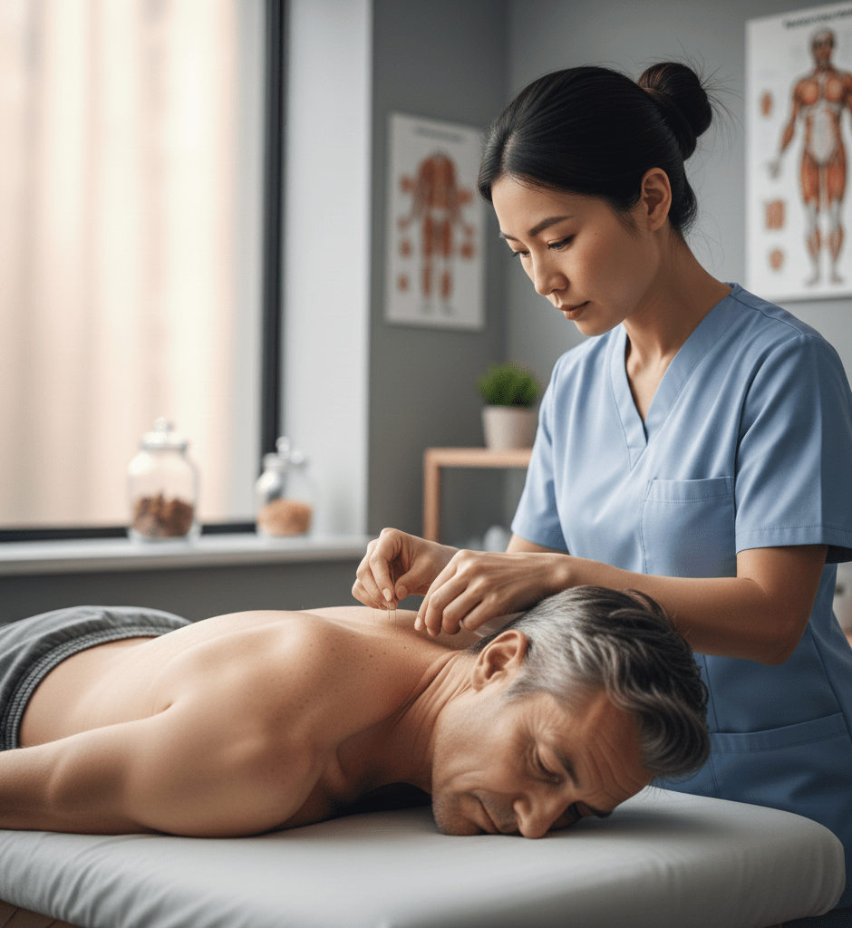 Acupuncture practitioner inserting needles into a patient's neck and back for pain relief and improved mobility