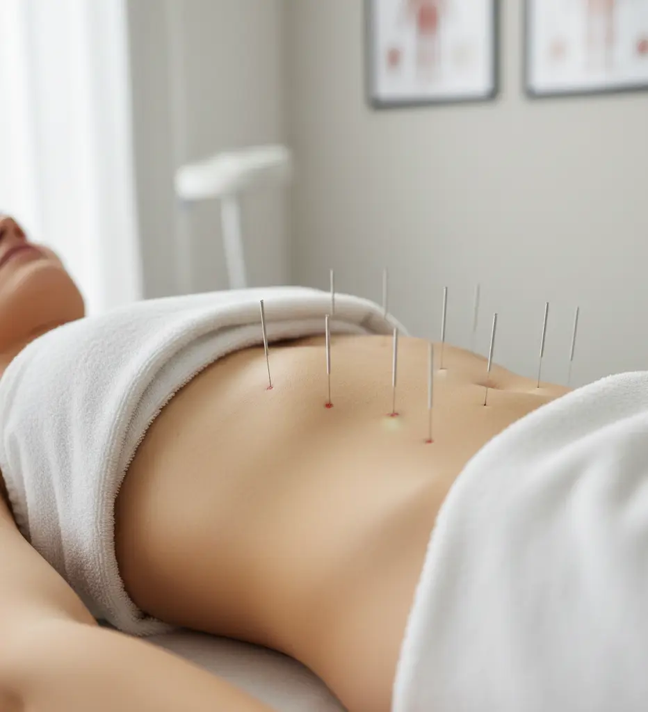 Acupuncture needles on a woman’s stomach for fertility treatment, a Traditional Chinese Medicine practice aimed at improving reproductive health