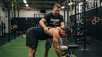 CrossFit athlete performing a barbell back squat beside a graphic showing red markers on shoulders, lower back, hips, knees, and ankles—illustrating common injury sites.