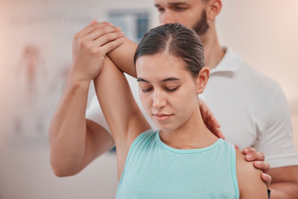 physical therapy, woman patient and physiotherapy at a spa or clinic for chiropractic consultation.