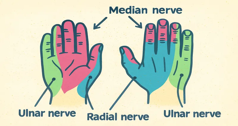 Color-coded hand nerve distribution diagram NYC - median, ulnar, and radial nerve pathways with educational descriptions for physical therapy patients