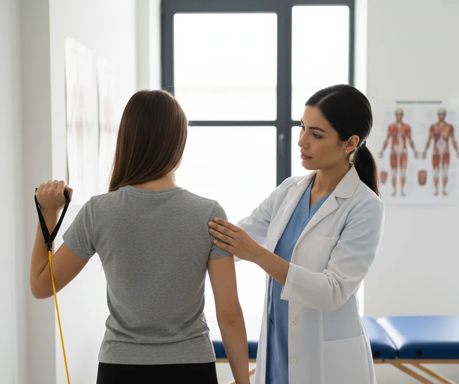 Physical therapist guiding a woman through shoulder rehabilitation exercises to improve mobility and strength