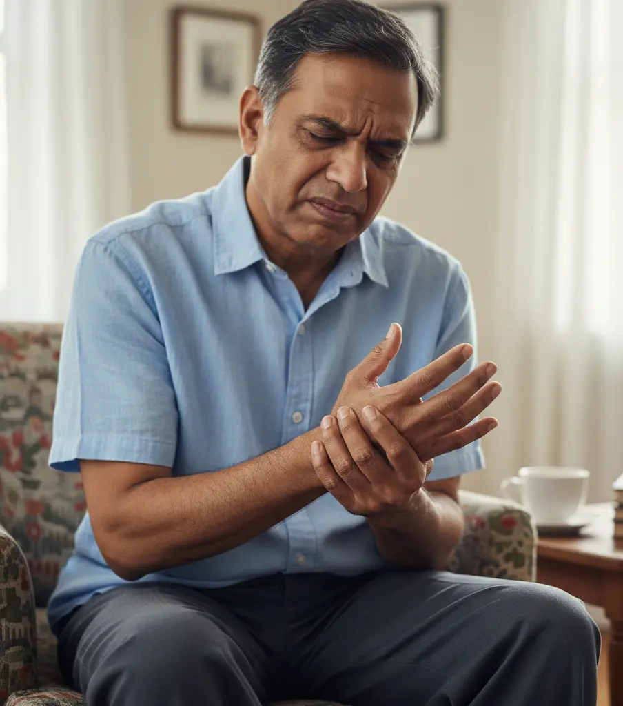 Man with blue shirt holding his hand in pain due to arthritis, joint discomfort, and stiffness