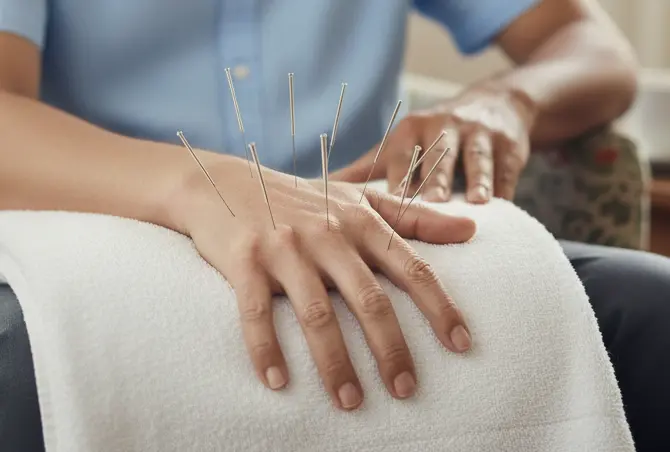 Acupuncture needles inserted into pressure points on a patient's hand for arthritis pain relief