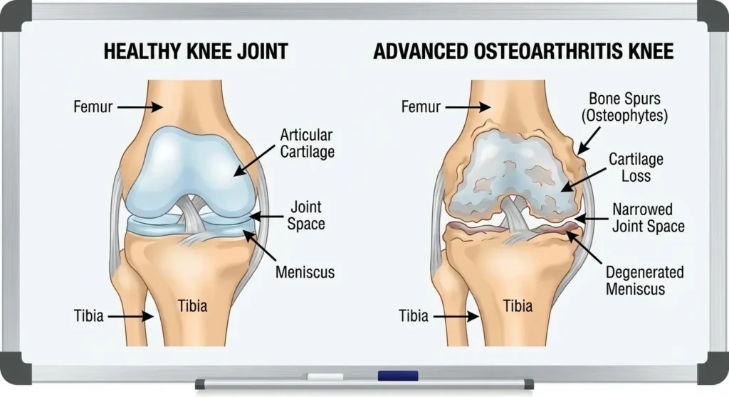 Anatomical diagram comparing healthy knee joint and advanced osteoarthritis, showing bone spurs, cartilage loss, and joint space narrowing with labeled anatomical structures
