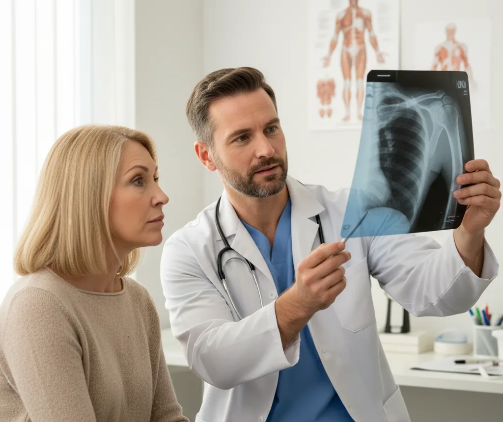 Doctor showing shoulder X-ray to a patient, explaining post-operative shoulder recovery and rehabilitation options