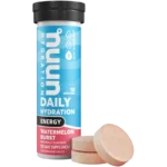 Nuun Daily Hydration Energy tube in the Watermelon Burst flavor, shown with pink effervescent tablets placed in front of the container.